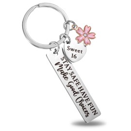 Tyqour Sweet 16 Keychain Heart Flowers Inspirational 16th Birthday Keychain Stay Safe Have Fun Keychain for Daughter, Sister, Girlfriend, Family, Birthday Gift Girl, silver