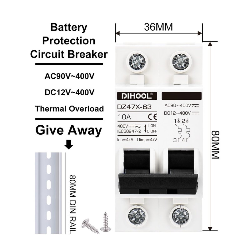DIHOOL Solar Disconnect Switch,10 Amp 2 Pole,Non Polarized,12V/24V/48V/110V/220V/400V,AC/DC Circuit Breaker,DIN