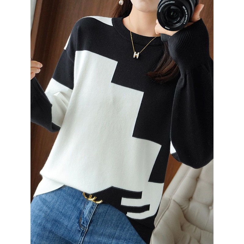 unifiss 033A Knit, Bi-Color, Pattern, Crew Neck, Long Sleeve, Cute,