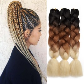 Silk-co Ombre Braiding Hair Synthetic Braid Hair Extensions Afro Jumbo Braids 3 Bundles 24" [300g, Black-Brown-Beige]