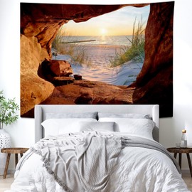 Aotiwe Boho Tapestry, Sea and Beach Sunset by the Sea, Blue Wall Tapestry, Polyester, Decorative Living Room, 150 x 130 cm