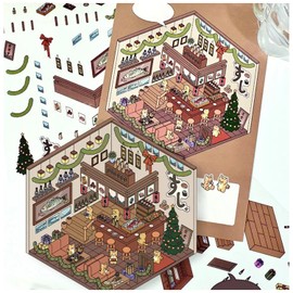 Fun DIY 3D House Stickers 4 Sets,3D House Sticker Set Funny Cartoon Scene Stickers for Relief Stress Pass The Time Make Your Own Sticker House Coffee Shop Restaurant Bookstore