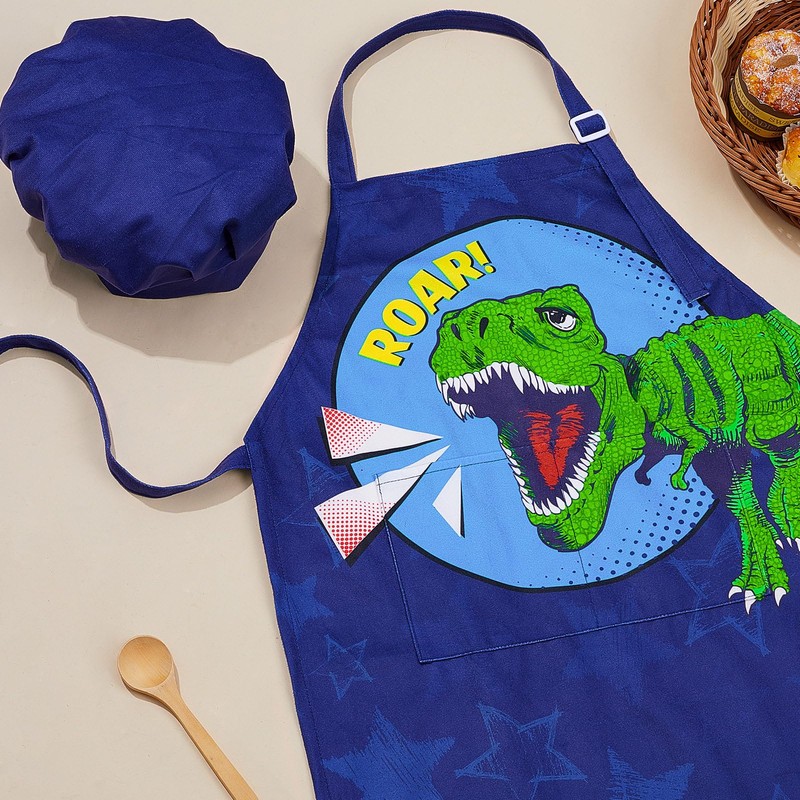 MHJY Kids Apron and Chef Hat for Boys Dinosaur Adjustable