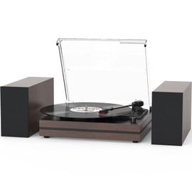 Record Player with Two External Speakers Belt-Drive Turntable for Vinyl Records Dual Stereo Speakers Vintage LP Players Support 3 Speed Wireless Playback AUX Headphone Input Auto Stop Wood Brown