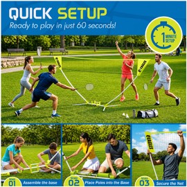 Complete Portable Badminton Set - Quick & Easy Setup - 4 Rackets 2 Birdies Shuttlecock, 1 Net & Badmington Pole Frame for Backyard Park & Beach Games, Indoor Outdoor Sports Equipment for Family Fun