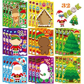 32 Pieces Make-a-face Stickers Pack, Mixed & Matched with 8 Christmas Designs (4 of Each) Stickers, Make Your Own Stickers Santa for Kids Teen Party Decoration, Reward, Decor