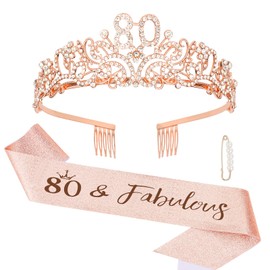Exipsat Birthday Crown Sash 80 Birthday Woman 80 and Fabulous Sash and Rhinestone Tiara Set, 80th Birthday Tiara, Birthday Sash for Women, Rose Gold Birthday Party Supplies