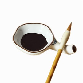 Multifunctional Inkwell Dish Porcelain Handmade Ink Well Inkstone with Brush Holder for Chinese Japanese Calligraphy Painting Practice