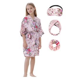 MEIKLE Kids Floral Silky Robes for Girls Spa Party Bridal Party Wedding Flower Girl with Blindfold Hair Band and Headband (Pink, Tag 6)