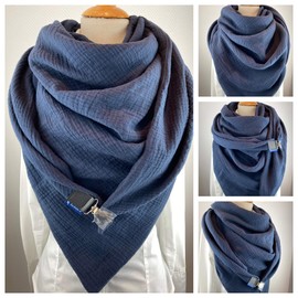 Double Stitched Muslin XXL Triangular Scarf, Tuecher Fairy / Soft Neckerchief with a Cute Clip, Beautiful in Dark Blue - Neckerchief, Scarf, XXL Scarf with Closure, Soft Neckerchief
