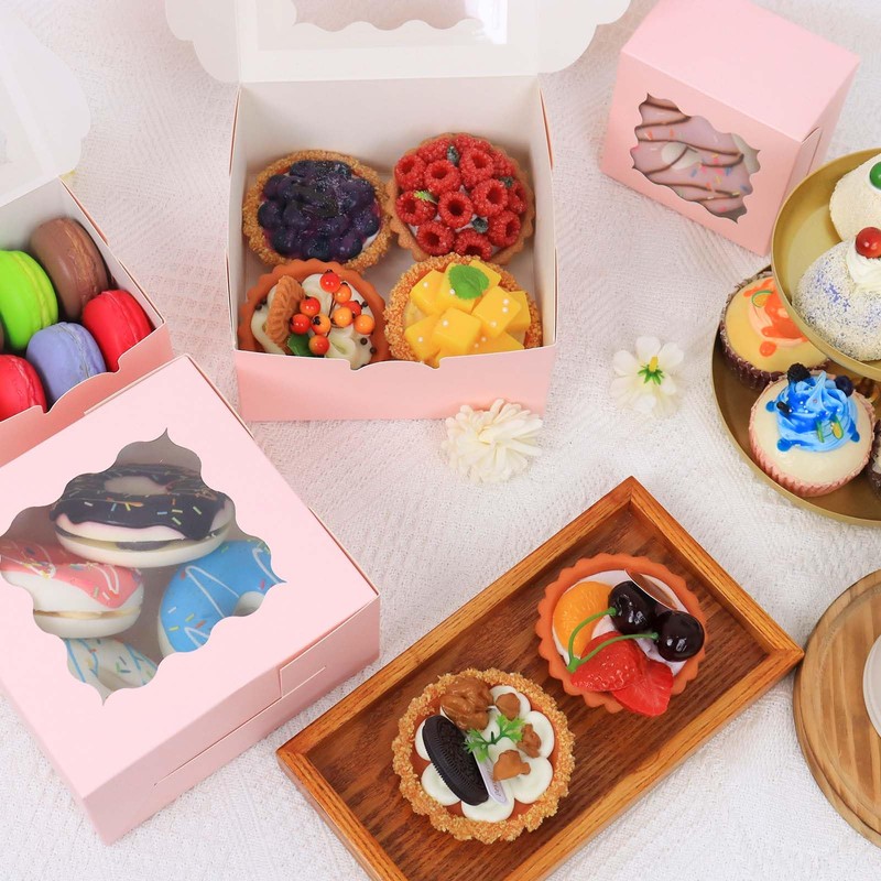 OUGEBOX 50 Pcs 4x4x2.5 Inch Bakery Boxes with Window, Pink