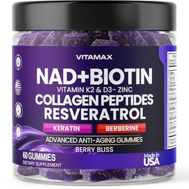 Gomitas antienvejecimiento NAD +, resveratrol, berberina y biotina, suplemento para cabello, piel, uñas y articulaciones, péptidos de colágeno, querat