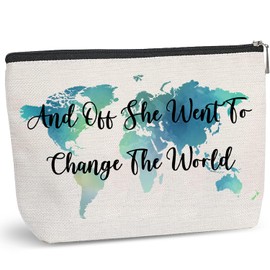 Aievlinkr And Off She Went To Change The World,Makeup Bag Gift, World Map Bag,Sister Gift,Travel Bag Cosmetic Bag Nature Linen Cotton Makeup Case Great Gift for Women Friends Birthday Christmas Gifts