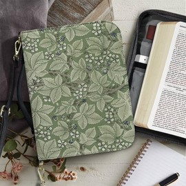 ZCFYGDX Bible Cover Case for Women & Men, Work of William Morris Printed PU Leather Bible Case with Shoulder Strap and Handle, Bible Bag with Zipper, Built-in Pocket Bookmark Pen Slot Green Size 2XL