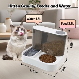 MUYG Automatic Gravity Cat Feeder with Stainless Steel Food Bowl, 2 in 1 Cat Feeder and Water Dispenser Combo Detachable Pet Water and Food Dispenser Set for Puppy Kitten Small Dog(Gray)