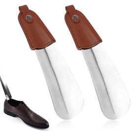 Mini Shoehorn, Pack of 2, Small Metal Short Shoehorn, Sturdy, 15.5 cm, Shoe Dressing Aid Travel Shoehorn with Leather Handle in Silver