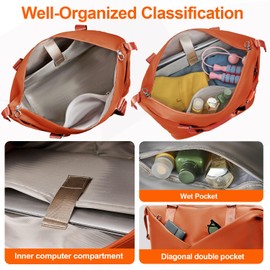 FIORETTO Womens Travel Bag Duffle Bag with Laptop Compartment, Water Resistant Gym Bag Weekend Bag Overnight Hospital Bag Holdall with Separated Shoes Compartment & Wet Pocket Orange