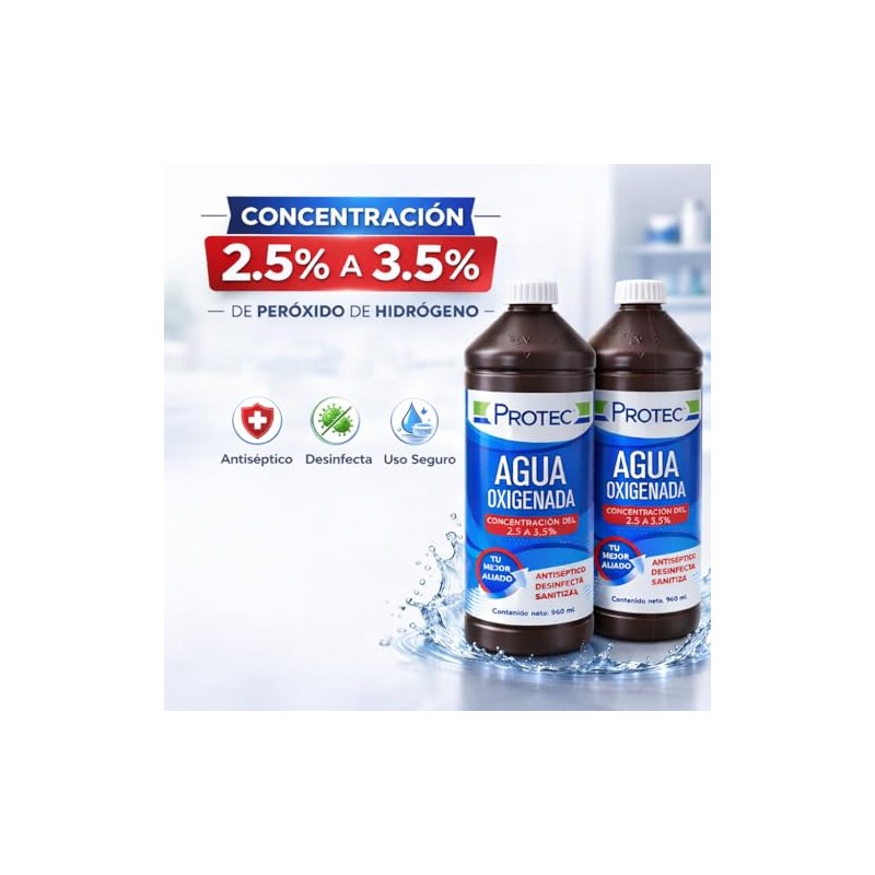 Agua Oxigenada Protec 960ml (2 Piezas) | Peróxido de Hidrógeno