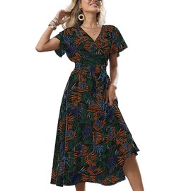 Women's Boho Summer Wrap Maxi Dress Casual Floral V Neck Ruffle Short Sleeve Beach Long Dresses S Black