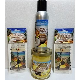 Smoke odor Exterminator Pineapple Coconut Includes One 13 oz Jar Candle One 7 oz Spray & Two Car Hangers All in One Bundle