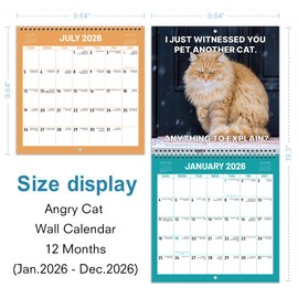 2026 Calendar - 2026 Wall Calendar, Pi-d-off Cats Calendar 2026, Jan. 2026 - Dec. 2026, 9.64" x 19.3" 2026 wall Calendar (open), Funny Calendar, Calendars with Unruled Blocks, Everyday Holidays - Funny Cats