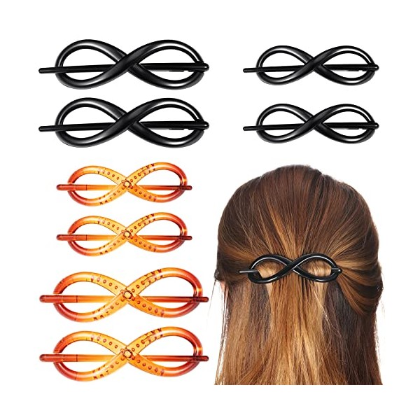 8 Pcs No Metal Hair Clips Twist Hairpin Barrette French Style Bun Hair Barrettes Hair Slide Hairpin Plastic Black Brown Viking Hair Accessories Ponytail Barrette Clip with Stick for Women Girl 2 Sizes