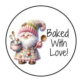 30 Pcs Gnome Baked with Love Stickers Favor Labels Tags Envelope Seals Stamps 1.5" Round Sticker for Packages Small Business Cards Letters Gifts Boxes for Holiday Birthday, Gnomes, Baking