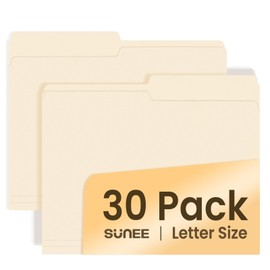 SUNEE File Folders, 30 Pack Manilla Folders 8.5 x 11, 1/2 Cut Tab for Easy Labeling and Organization, Durable Standard Paper for Home, Office, School Filing
