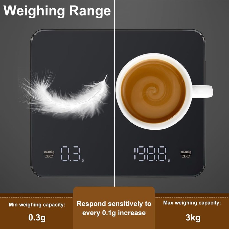 OBEST Mini Kaffeewaage mit Timer, 3kg/0.1g Hochpräzise Wiederaufladbare Digitale Kaffeewaage,Tragbare