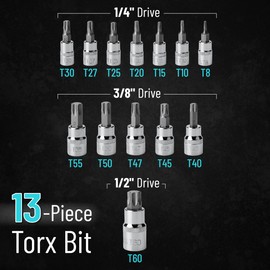 Bates- Torx Bit Socket Set, 13 Pieces Set with Case, T8-T60, Torx Bit Set, Star Socket Set, Star Bit Socket Set, Torx Bits, Star Bits Set
