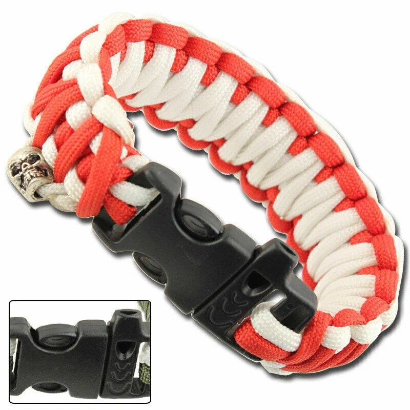 Paracord Bracelet Survival Whistle Skull Charm 17 Feet Length Red