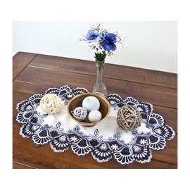 Large Lace Placemat Dresser Scarf Table Runner Blue Navy and White European Table Centerpiece Doily (14Wx27L)