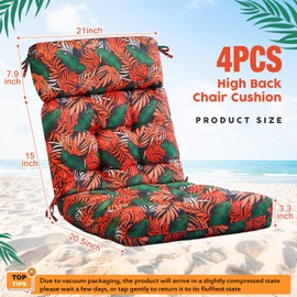 Barydat 4 Pcs Tufted High Back Chair Cushion Indoor Outdoor Seat and Back Cushions Palm Leaves Tropical Plants Lawn Rocking Chair Pads with Ties for Adirondack Patio Garden(Orange Green)
