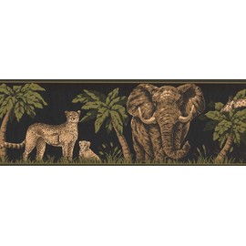 CONCORD WALLCOVERINGS ™ Wallpaper Border Animals Pattern Dark Moss Jungle Elephant Jaguar for Living Room Bedroom Trailer House, Black Green Brown Beige, 7 Inches by 15 Feet HE3539B