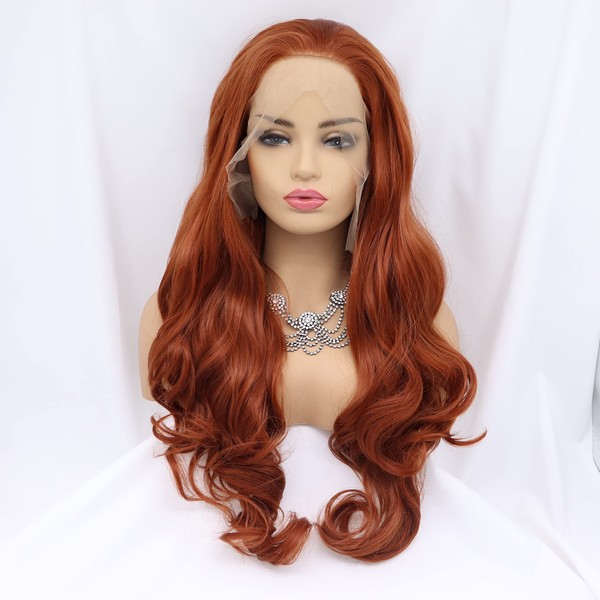 Xiweiya Ash Cooper Red Synthetic Lace Front Wigs Long Wavy Heat Resistant Fiber Drag Queen Auburn Small Mermaid Hair Wigs 24 Inch 350#