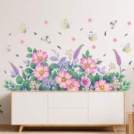 Pink Flower Wall Decals Floral Wall Stickers Flower Butterflies DIY Wallpaper Pink Flower Mural Removable Vinyl Wall Art for Girl Bedroom Kids Nursery