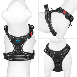 PHOEPET No Pull Dog Harness Medium Reflective Front Clip Vest with Handle,Adjustable 2 Metal Rings 3 Buckles ,[Easy to Put on & Take Off](M, Black)