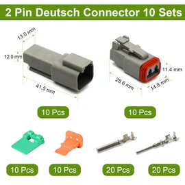 Twippo 2 Pin Deutsch Connector Kit 10 Sets, Gray DT Connector Kit, 2 Pin Automotive Waterproof Wire Connectors, Weatherpack Connectors Kit with 16# Stamped Contacts for Car, RV, Truck Wiring 22-16AWG