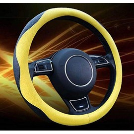 acdiac New Sporty Leather Steering Wheel Cover,Universal fit 15"(38cm) Wave Styling Design Breathable Anti Slip car Interior for car SUV (Yellow&Black)