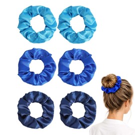 6-Pack Blue Satin Hair Scrunchies, Wide Pleated Design, Secure Hold
