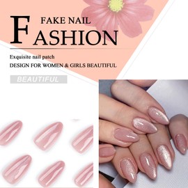 Ceboic 24Pcs Almond False Nails, Nude Pink French Press on Nails Medium Length, Shiny Full Cover Acrylic Glue on Nails, Removable Elegant Stick on Nails for Women and Girls Nail Art - Pink Cat Eyes