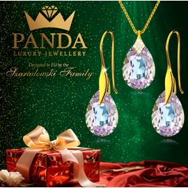PANDA LUXURY JEWELLERY Jewellery Set for Women Earrings Gold-Plated Silver 925 Hanging Hook with Necklace Pear Crystals Stone 12 Birthstone Chain Women with Pendant Jewellery Girls, Sterling Silver