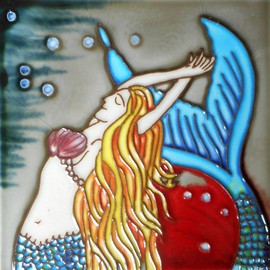 Mermaid Hand Painted Ceramic Art Tile 6x6 inches with Easel Back