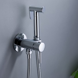 SHAMANDA Warm Water Bidet Sprayer for Toilet with Hot and Cold Brass Rough-in Valve, Stainless Steel Round Handheld Bidet Attachment Set for Feminine, Pets and Baby Diaper Wash, Polished Chrome BDS09