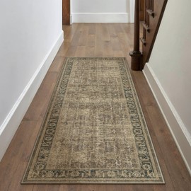 WondRg 2x6 Washable Runner Rug Brown Vintage Hallway Kitchen Area Rug Distressed Retro Non Slip Low Pile Carpet Long Soft Throw Rug for Bedroom Side Entrance Bathroom Indoor