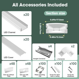 hunhun 20-Pack 6.6ft/2Meter U Shape White LED Aluminum Channel System with Milky Cover, End Caps and Mounting Clips, Aluminum Channel Profile for LED Strip Light Diffuser Installations (20pack*6.6ft)