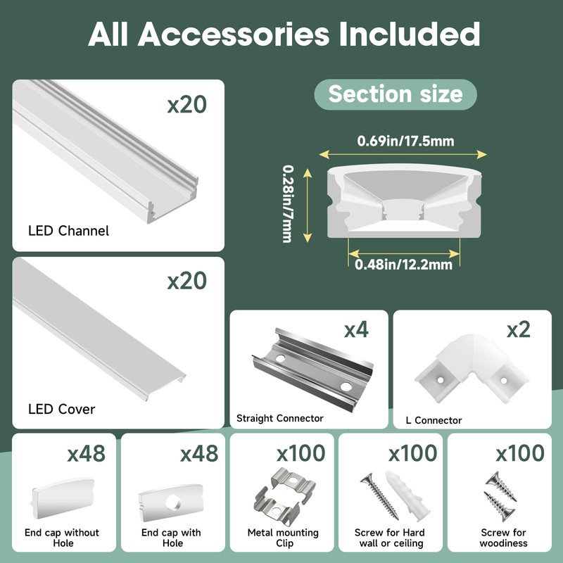 hunhun 20-Pack 6.6ft/2Meter U Shape White LED Aluminum Channel System