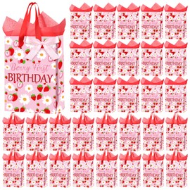 Kosiz 50 Pcs Strawberry 1st Birthday Gift Bag with Handles Tissue Paper and Ribbons Berry 1st Goodie Candy Bags for Berry First Birthday Decorations Strawberry Theme Baby Shower Party Supplies