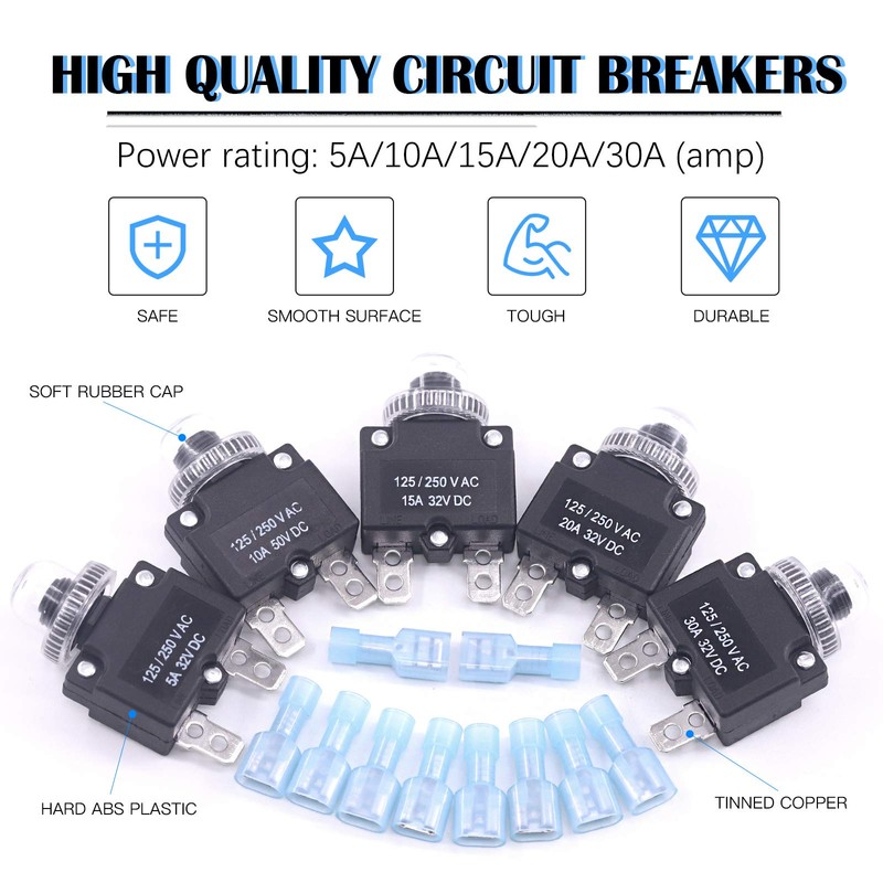 Glarks 30Pcs 5A 10A 15A 20A 30A Circuit Breakers Thermal