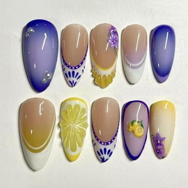30Pcs French Tip Press on Nails Cute Handmade Fake Nails Medium Almond Acrylic Glue on Nail 3D Lemon False Nails with Flower Designs Glossy Gradient Artificial Nail for Women Girls
